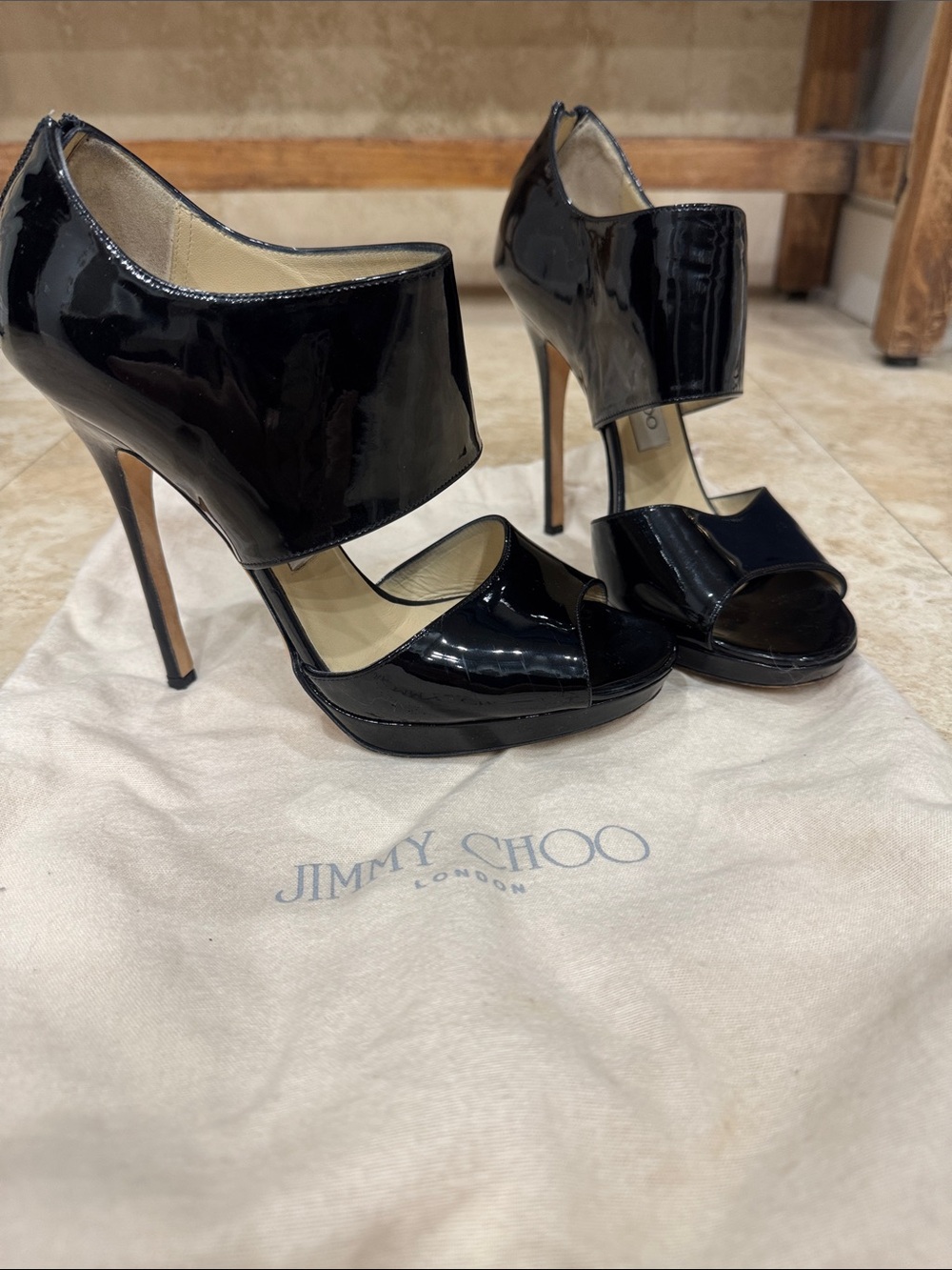 Jimmy Choo Black Patent Leather Peep-Toe Cutout Stilettos